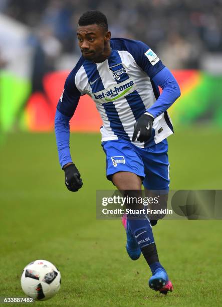 Salomon Kalou of Berlin in action during the Bundesliga match between Hertha BSC and FC Ingolstadt 04 at Olympiastadion on February 4, 2017 in...