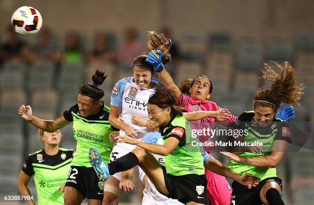 Lydia Williams of Melbourne City punches a cross clear during the W-League Semi Final match between Canberra United and Melbourne City FC at GIO...