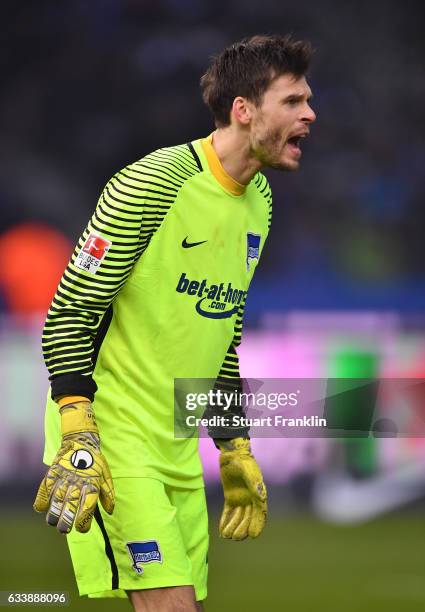 Rune Jarstein of Berlin in action during the Bundesliga match between Hertha BSC and FC Ingolstadt 04 at Olympiastadion on February 4, 2017 in...