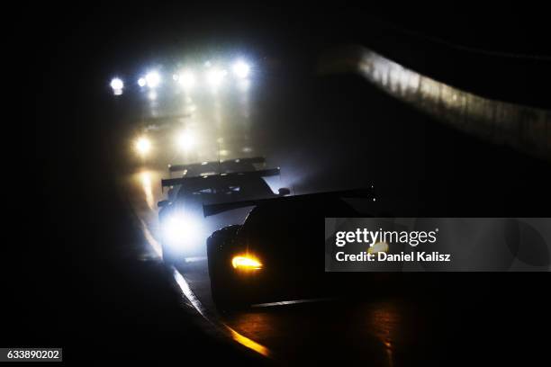 Night action during the 2017 Bathurst 12 hour race at Mount Panorama on February 5, 2017 in Bathurst, Australia.
