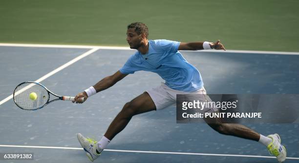 India's Ramkumar Ramanathan returns a shot during a Davis Cup singles tennis match against New Zealand's Finn Tearney at the Balewadi Sports Complex...
