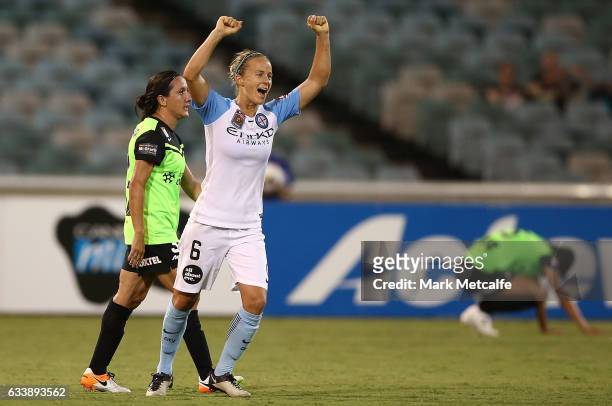 Aivi Luik of Melbourne City celebrates victory at the end of the W-League Semi Final match between Canberra United and Melbourne City FC at GIO...