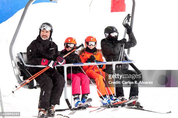 King Felipe VI of Spain, Princess Leonor of Spain, Princess Sofia of Spain and Queen Letizia of Spain enjoy a short private skiing break on February...