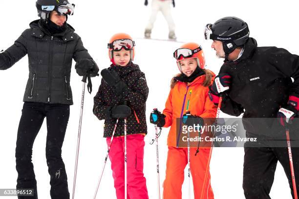 Queen Letizia of Spain, Princess Leonor of Spain, Princess Sofia of Spain and King Felipe VI of Spain enjoy a short private skiing break on February...