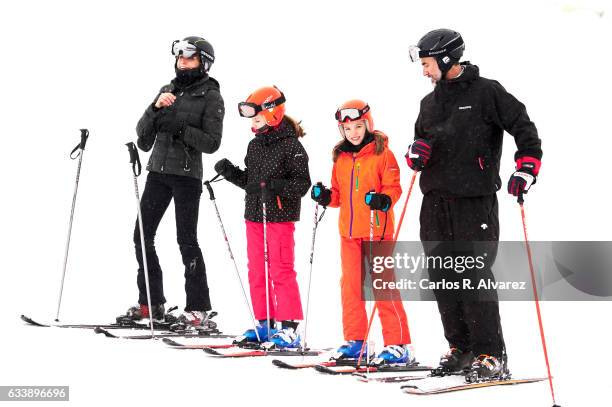 Queen Letizia of Spain, Princess Leonor of Spain, Princess Sofia of Spain and King Felipe VI of Spain enjoy a short private skiing break on February...