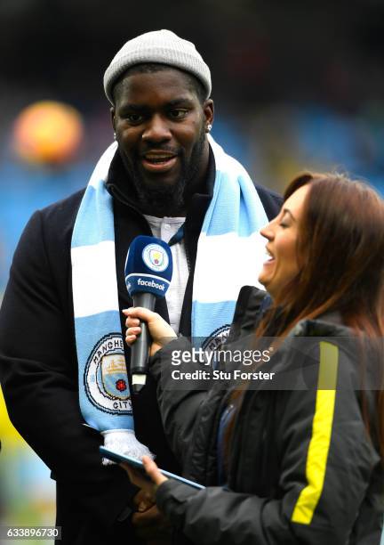 Player, Menelik Watson is interviewed prior to the Premier League match between Manchester City and Swansea City at Etihad Stadium on February 5,...