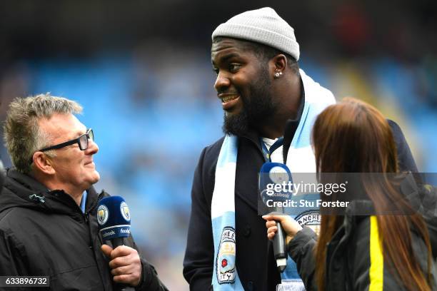 Player, Menelik Watson is interviewed prior to the Premier League match between Manchester City and Swansea City at Etihad Stadium on February 5,...