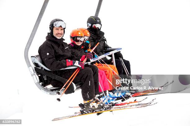 King Felipe VI of Spain, Princess Leonor of Spain, Princess Sofia of Spain and Queen Letizia of Spain enjoy a short private skiing break on February...