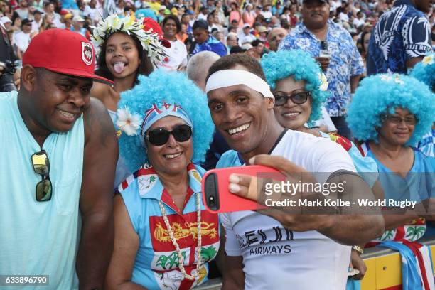 Osea Kolinisau of Fiji takes a selfie with people in the crowd after the 5th place play-off match between Fiji and USA in the 2017 HSBC Sydney Sevens...