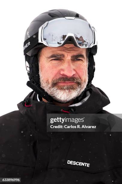 King Felipe VI of Spain enjoy a short private skiing break on February 5, 2017 in Jaca, Spain.