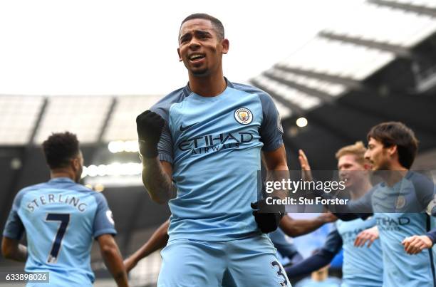 Gabriel Jesus of Manchester City celebrates scoring his sides first goal during the Premier League match between Manchester City and Swansea City at...