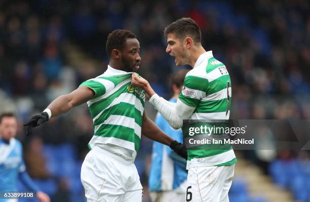 Moussa Dembele of Celtic celebrates after he scores from the penalty spot during the Ladbrokes Scottish Premiership match between St Johnstone and...