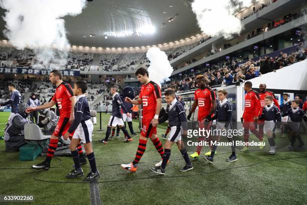 Morgan Amalfitano Yoann Gourcuff and Joris Gnagnon of Rennes during the Ligue 1 match between Girondins de Bordeaux and Stade Rennais Rennes at...