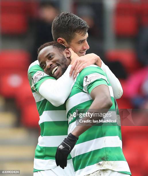 Moussa Dembele of Celtic is congratulated by Nir Bitton of Celtic after he scores his third goal during the Ladbrokes Scottish Premiership match...