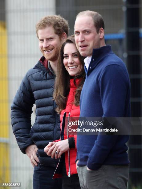 Prince Harry, Catherine, Duchess of Cambridge and Prince William, Duke of Cambridge during a training day for the Heads Together team for the London...