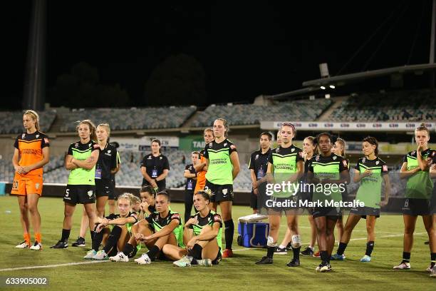 Canberra players look dejected after defeat in the W-League Semi Final match between Canberra United and Melbourne City FC at GIO Stadium on February...