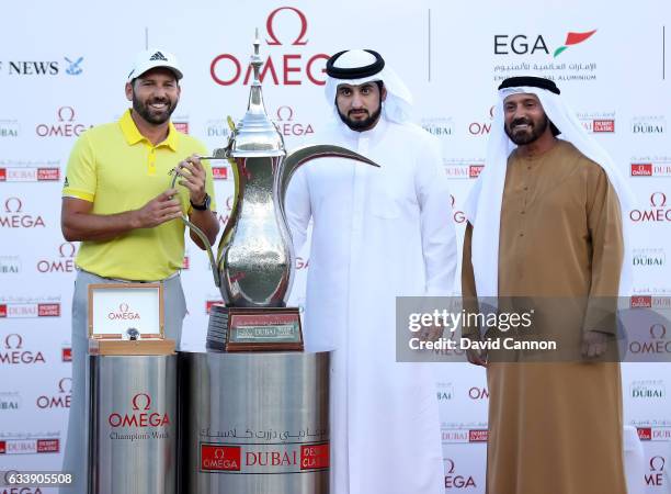 Sergio Garcia of Spain is presented with the trophy by His Highness Shaikh Ahmed Bin Mohammed Bin Rashid Al Maktoum the President of the UAE National...