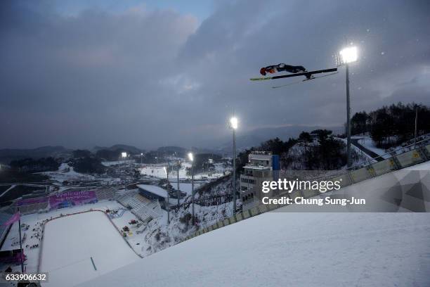 Johannes Rydzek of Germany competes in the Individual Gundersen 10km Large Hill trial during the FIS Nordic Combined World Cup presented by Viessmann...