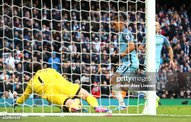Gabriel Jesus of Manchester City scores his sides second goal during the Premier League match between Manchester City and Swansea City at Etihad...