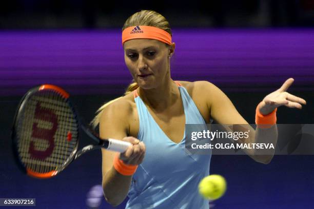 France's Kristina Mladenovic returns the ball to Kazakhstan's Yulia Putintseva during the final match of the WTA Saint Petersburg Ladies Trophy 2017...