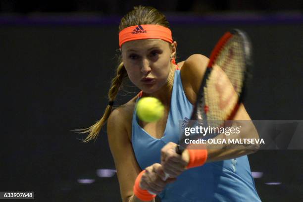 France's Kristina Mladenovic returns a ball to Kazakhstan's Yulia Putintseva during their final tennis match of the WTA Saint Petersburg Ladies...