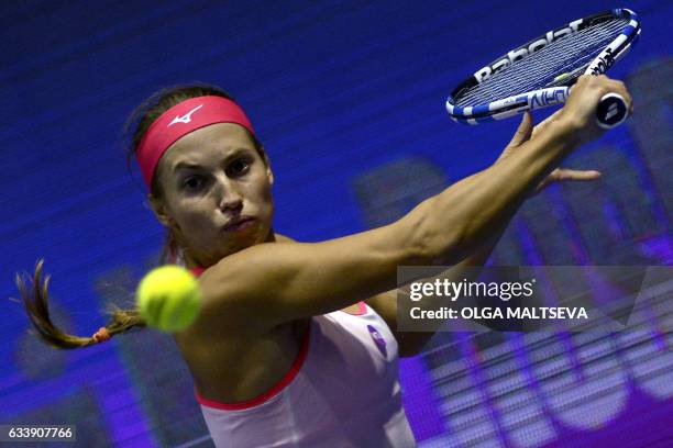 Kazakhstan's Yulia Putintseva returns a ball to France's Kristina Mladenovic during their final tennis match of the WTA Saint Petersburg Ladies...