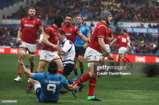 Jonathan Davies of Wales celebrates after scoring his team's first try during the RBS Six Nations match between Italy and Wales at the Stadio...