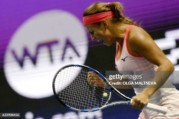 Kazakhstan's Yulia Putintseva reacts during the final match against France's Kristina Mladenovic during the WTA Saint Petersburg Ladies Trophy 2017...