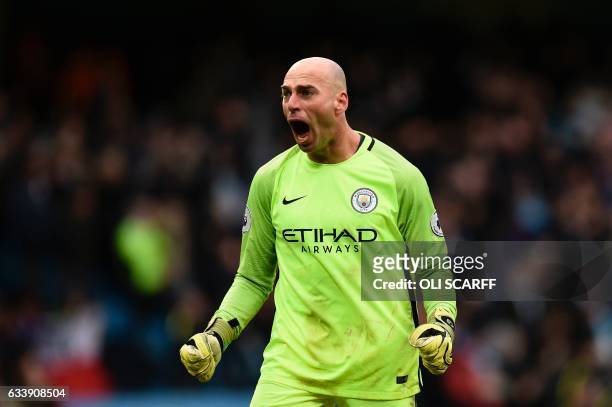 Manchester CIty's Argentinian goalkeeper Willy Caballero reacts to their late winning goal during the English Premier League football match between...