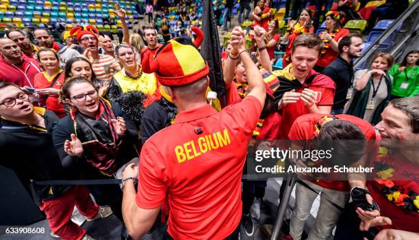 Team captain Johan van Herck of Belgium celebrates the victory with the fans during day three of the Davis Cup World Group first round between...