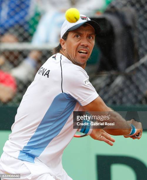 Carlos Berlocq of Argentina takes a backhand shot during a singles match between Carlos Berlocq and Paolo Lorenzi as part of day 3 of the Davis Cup...