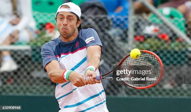 Paolo Lorenzi of Italy takes a backhand shot during a singles match between Carlos Berlocq and Paolo Lorenzi as part of day 3 of the Davis Cup 1st...