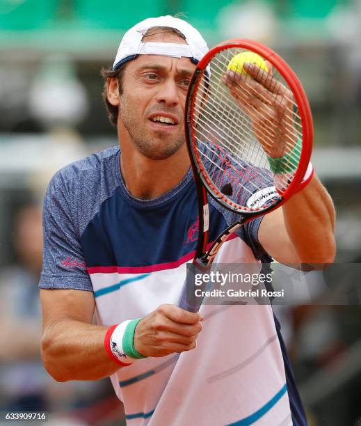 Paolo Lorenzi of Italy serves during a singles match between Carlos Berlocq and Paolo Lorenzi as part of day 3 of the Davis Cup 1st round match...