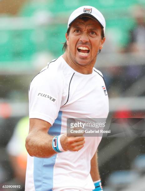 Carlos Berlocq of Argentina celebrates after wining a point during a singles match between Carlos Berlocq and Paolo Lorenzi as part of day 3 of the...