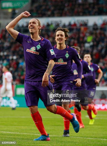 Max Kruse of Bremen celebrates scoring the penalty during the Bundesliga match between FC Augsburg and Werder Bremen at WWK Arena on February 5, 2017...