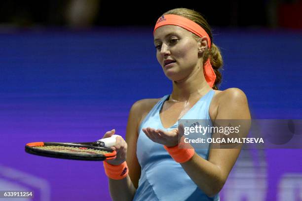 France's Kristina Mladenovic reacts during the final match against Kazakhstan's Yulia Putintseva during the WTA Saint Petersburg Ladies Trophy 2017...