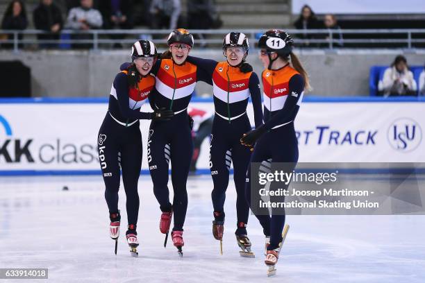 Team Netherlands celebrate in the Ladies 3000m relay during day two of the ISU World Cup Short Track at EnergieVerbund Arena on February 5, 2017 in...