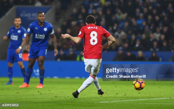 Juan Mata of Manchester United scores their third goal during the Premier League match between Leicester City and Manchester United at The King Power...