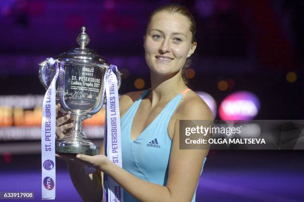 France's Kristina Mladenovic poses with her trophy after the final match of the WTA St Petersburg Ladies Trophy 2017 tennis tournament against...