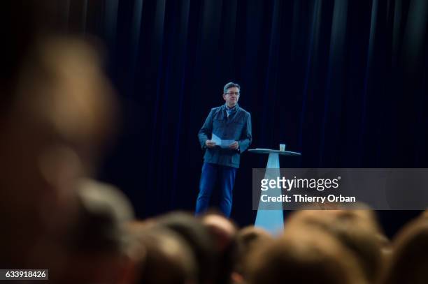 Far Left leader of 'La France Insoumise" Jean-Luc Melenchon is streamed live via hologram to a rally on February 5, 2017 in Paris, France. Melenchon...