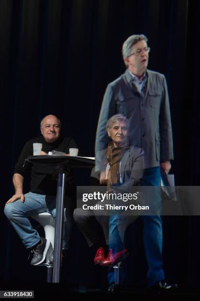 Far Left leader of 'La France Insoumise" Jean-Luc Melenchon is streamed live via hologram to a rally on February 5, 2017 in Paris, France. Melenchon...