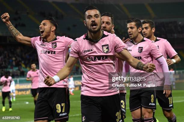 Ilija Nestorovski of Palermo celebrates after scoring the opening goal during the Serie A match between US Citta di Palermo and FC Crotone at Stadio...