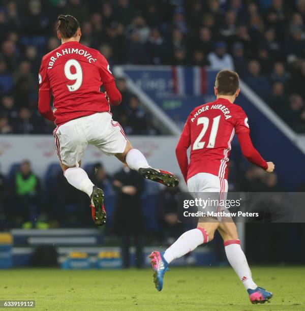 Zlatan Ibrahimovic of Manchester United celebrates scoring their second goal during the Premier League match between Leicester City and Manchester...