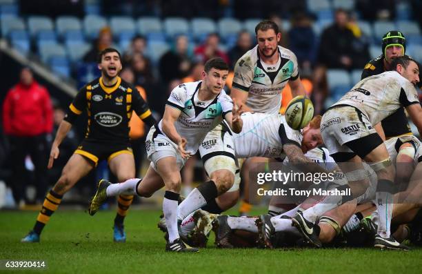 Matthew Aubrey of Ospreys passes the ball during the Anglo-Welsh Cup match between Wasps and Ospreys at The Ricoh Arena on February 5, 2017 in...