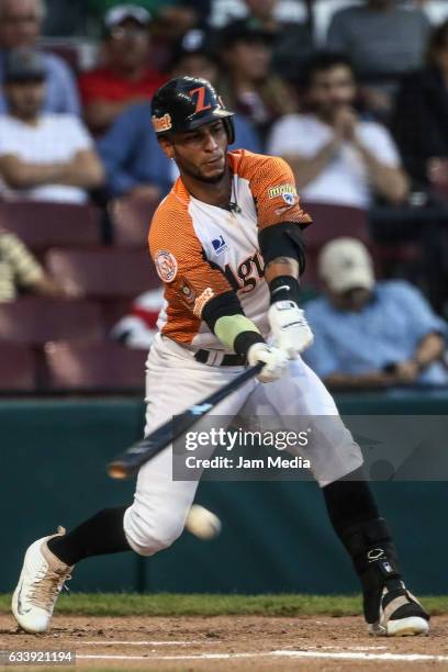 Ronny Cedeno of Venezuela hits the ball during a game between Alacranes de Granma of Cuba and Aguilas de Zulia of Venezuela in the Baseball Caribbean...