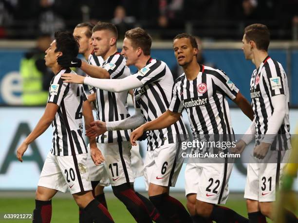 Makoto Hasebe of Frankfurt celebrates scoring his goal with teamates during the Bundesliga match between Eintracht Frankfurt and SV Darmstadt 98 at...