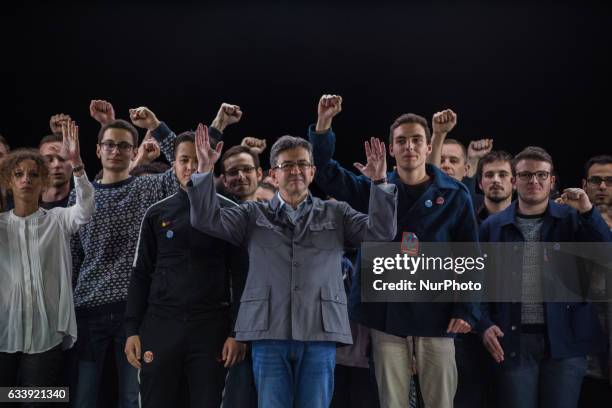 Jean-luc Melenchon, leader of &quot;France Insoumise&quot; sings the French National Anthem &quot;La Marseillaise&quot; at the end of his meeting for...