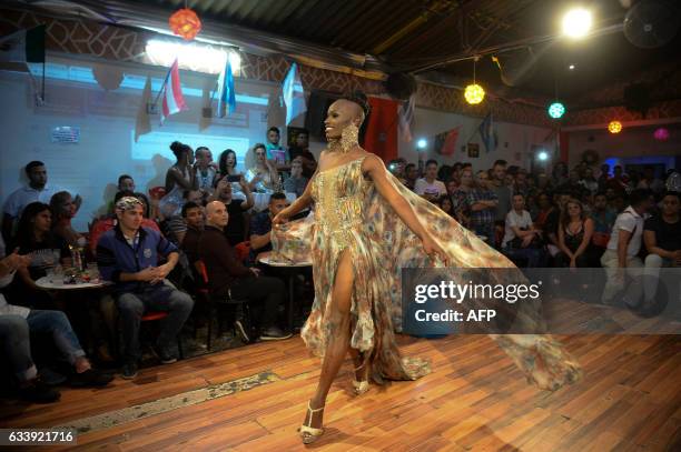 Colombian transvestite known as Maria Solima de Albaniz, representing the country of Somalia, competes in the First Miss Universe Gay 2017 pageant in...