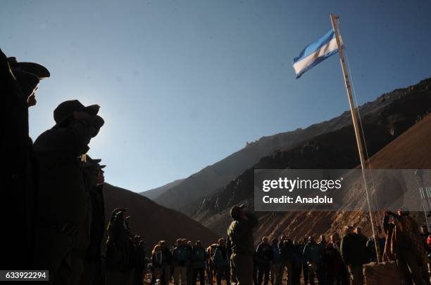 Argentine soldiers greet the flag in the shelter Trincheras de Soler, in the framework of the bicentenary of Cruce de los Andes 2017, in the province...