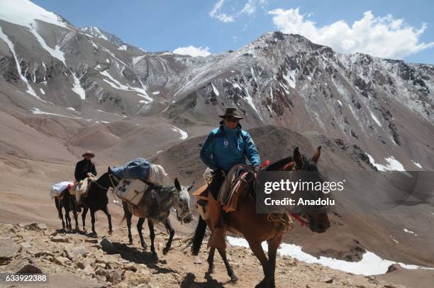Doctor of the expedition, Matías Espejo arrives at the top of Espinacito with the mule ambulance, in the framework of the bicentenary of Cruce de los...